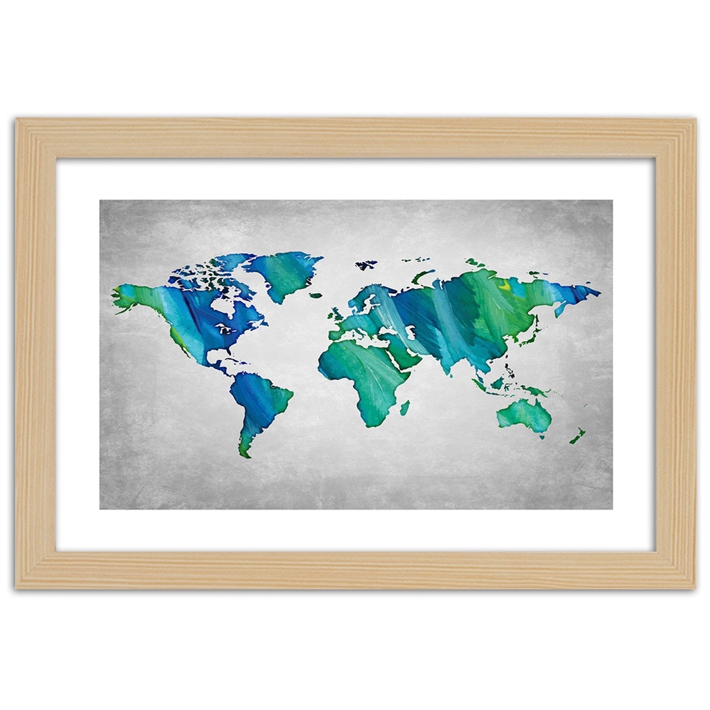 Cadre imprimé sur toile avec image de carte du monde colorée sur du béton fabriqué en mdf feeby-02