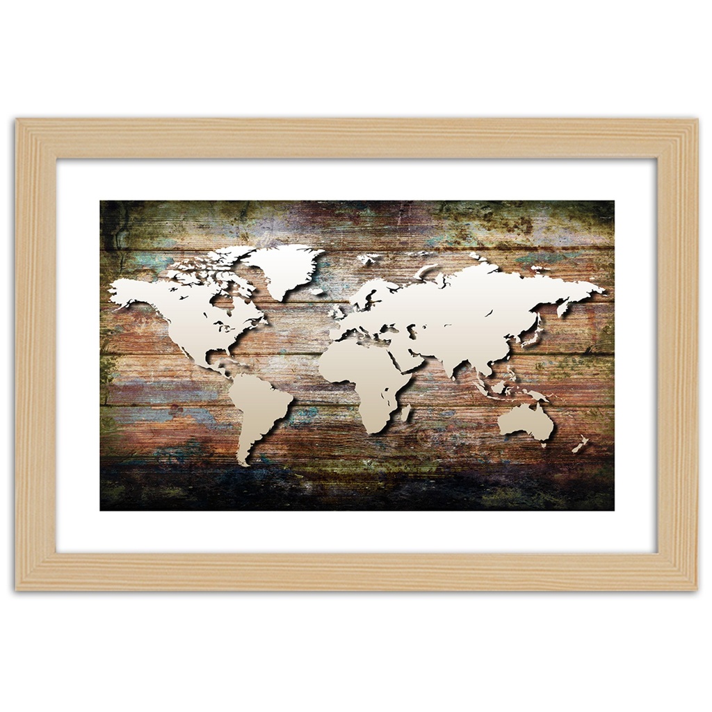 Cadre imprimé sur toile avec illustration de carte du monde fabriqué en mdf feeby-02