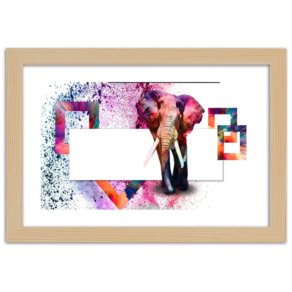 Cadre imprimé sur toile avec image d'éléphant colorée fabriqué en mdf feeby-02