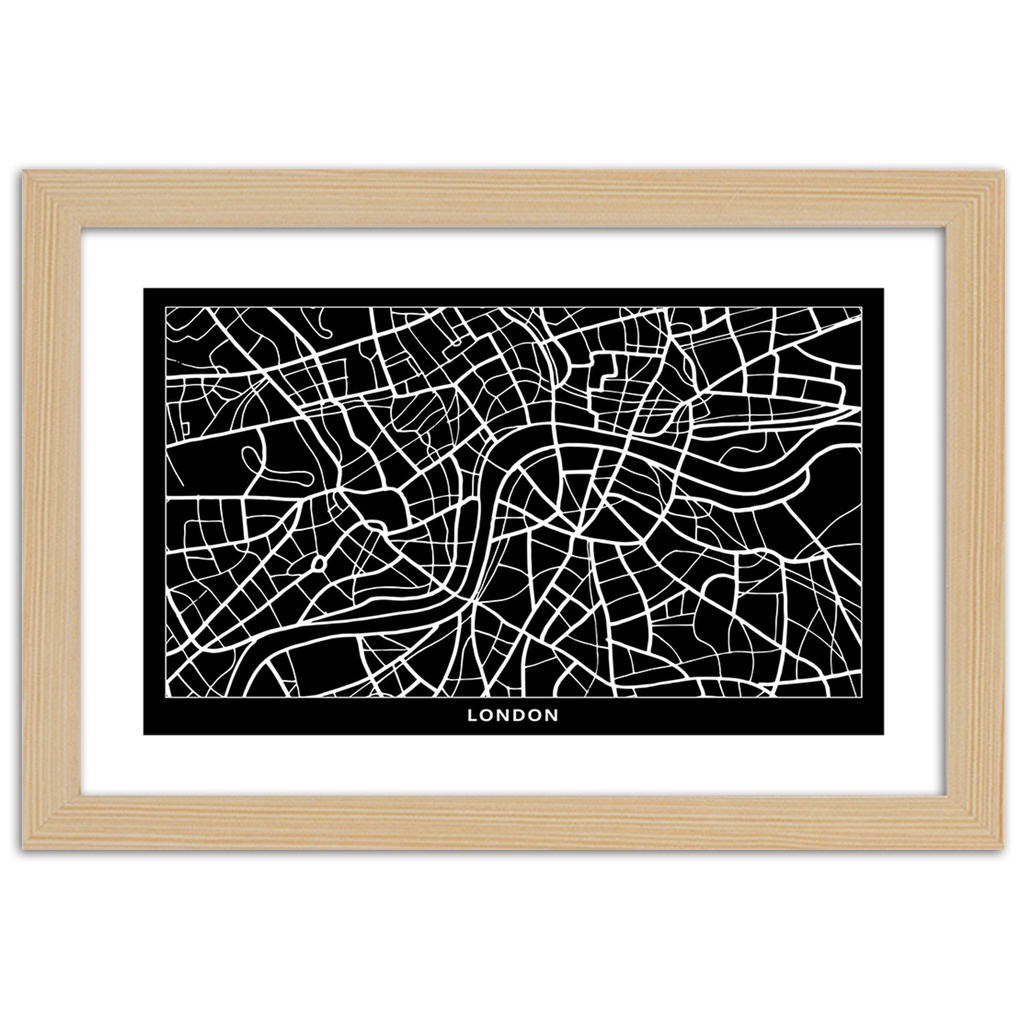 Cadre imprimé sur toile noir et blanc fabriqué en mdf composé d'une pièce plan de la ville de londres feeby-02