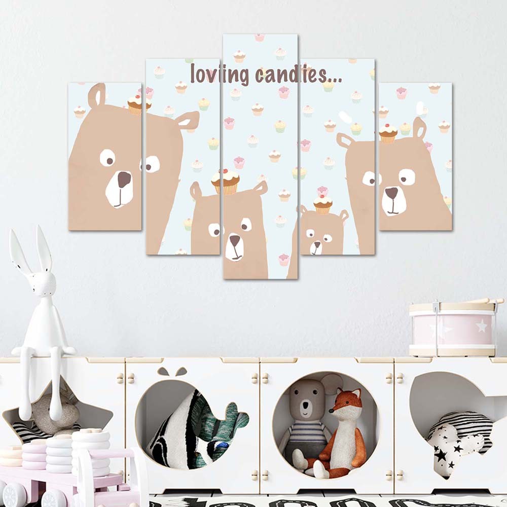 Cadre de cinq panneaux imprimés sur papier encadrement en hdf ours en peluche aimant les bonbons feeby-01