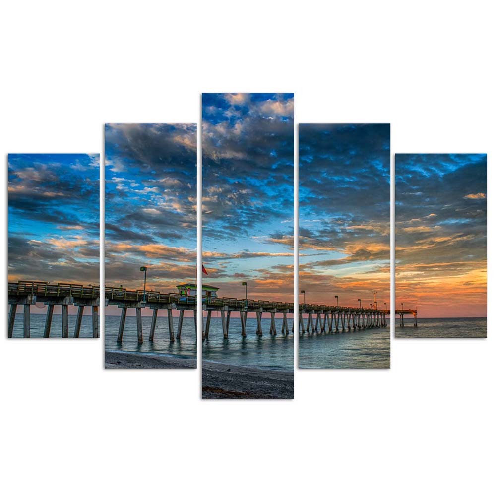Cadre de cinq panneaux imprimés sur papier encadrement en hdf coucher de soleil sur le ponton feeby-02