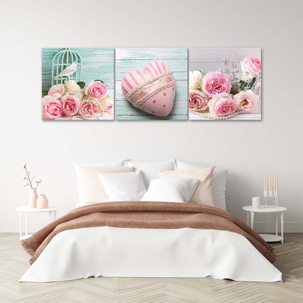 Ensemble de cadres décoratifs panneaux en toile et mdf cœurs et roses vintage feeby-01