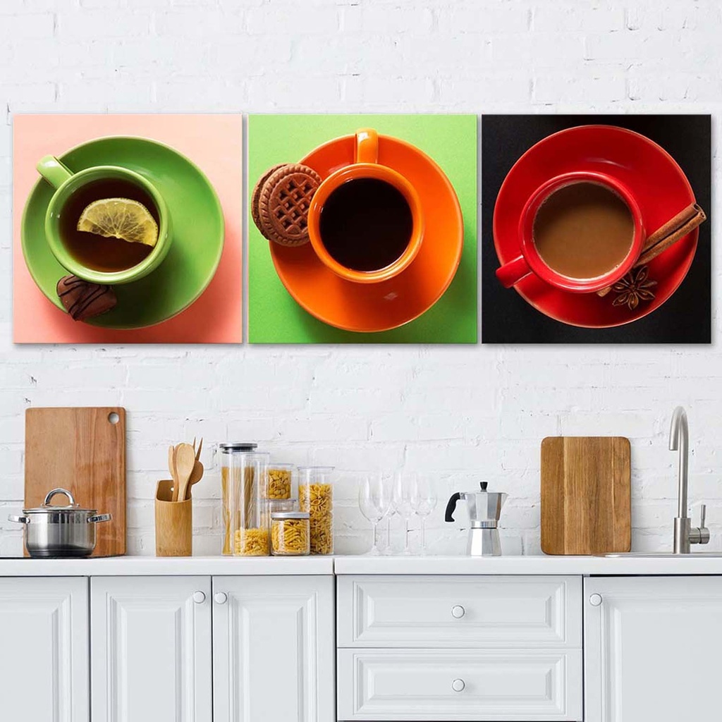 Ensemble de cadres décoratifs panneaux en toile et mdf avec image de tasses de café de couleurs feeby-01