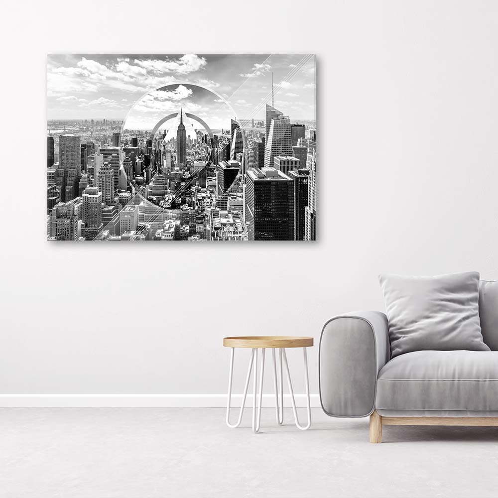 Cadre à suspendre en mdf imprimé sur toile d'une seule pièce gratte-ciels noir et blanc feeby-01