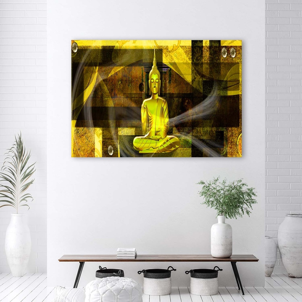 Cadre imprimé sur toile avec image de bouddha sur fond géométrique fabriqué en mdf feeby-01