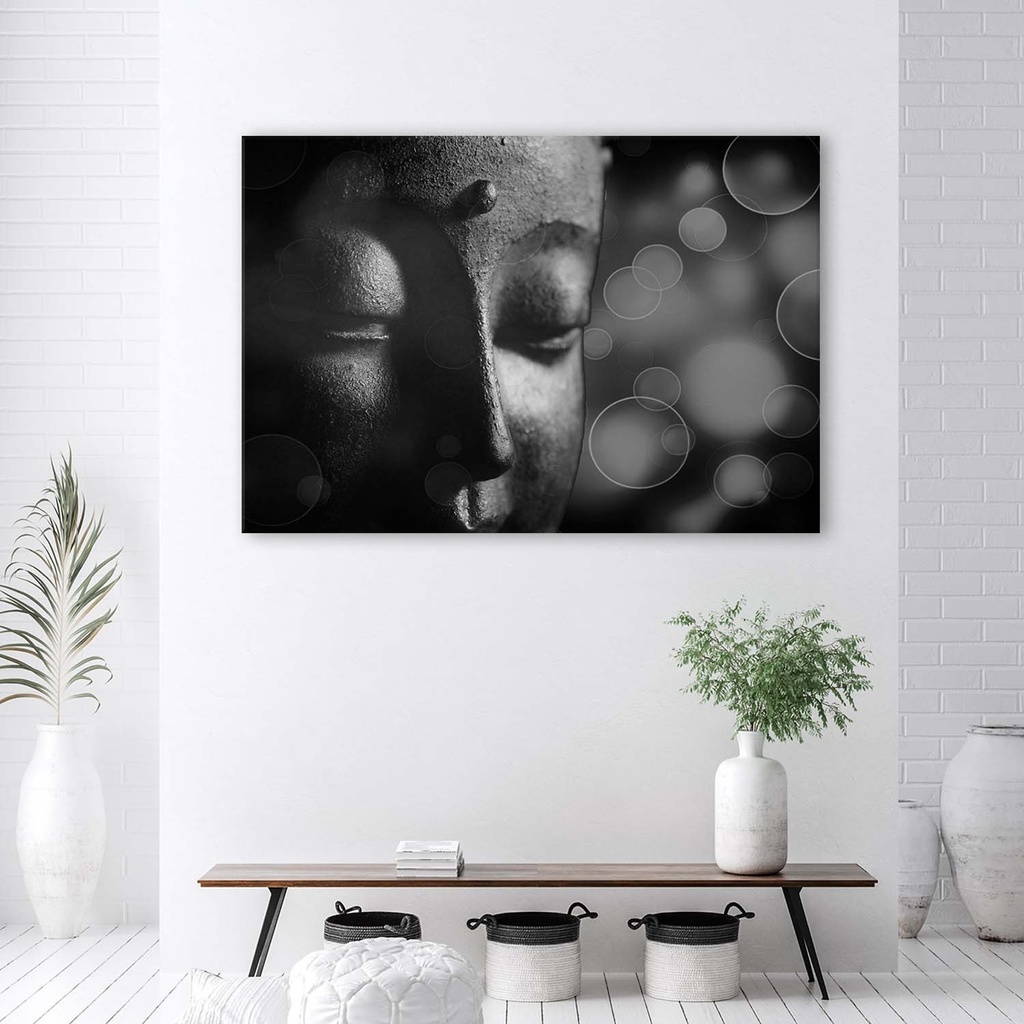 Cadre imprimé sur toile avec image de visage de bouddha de couleur blanc et noir fabriqué en mdf et toile feeby-01