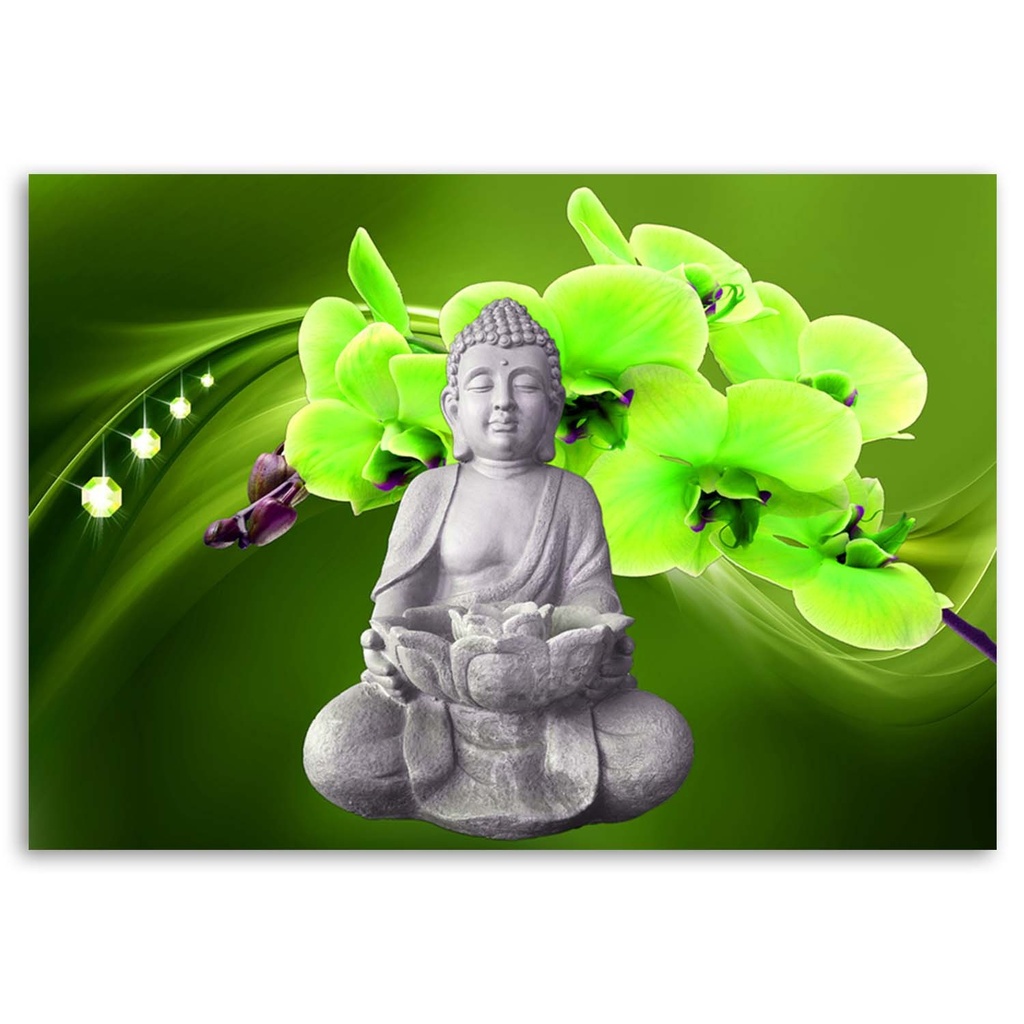 Cadre imprimé sur toile avec image de bouddha avec orchidée verte fabriqué en mdf feeby-02