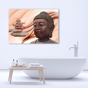 Cadre imprimé sur toile avec image de tête de bouddha sur pierres roses fabriqué en mdf et toile feeby-01
