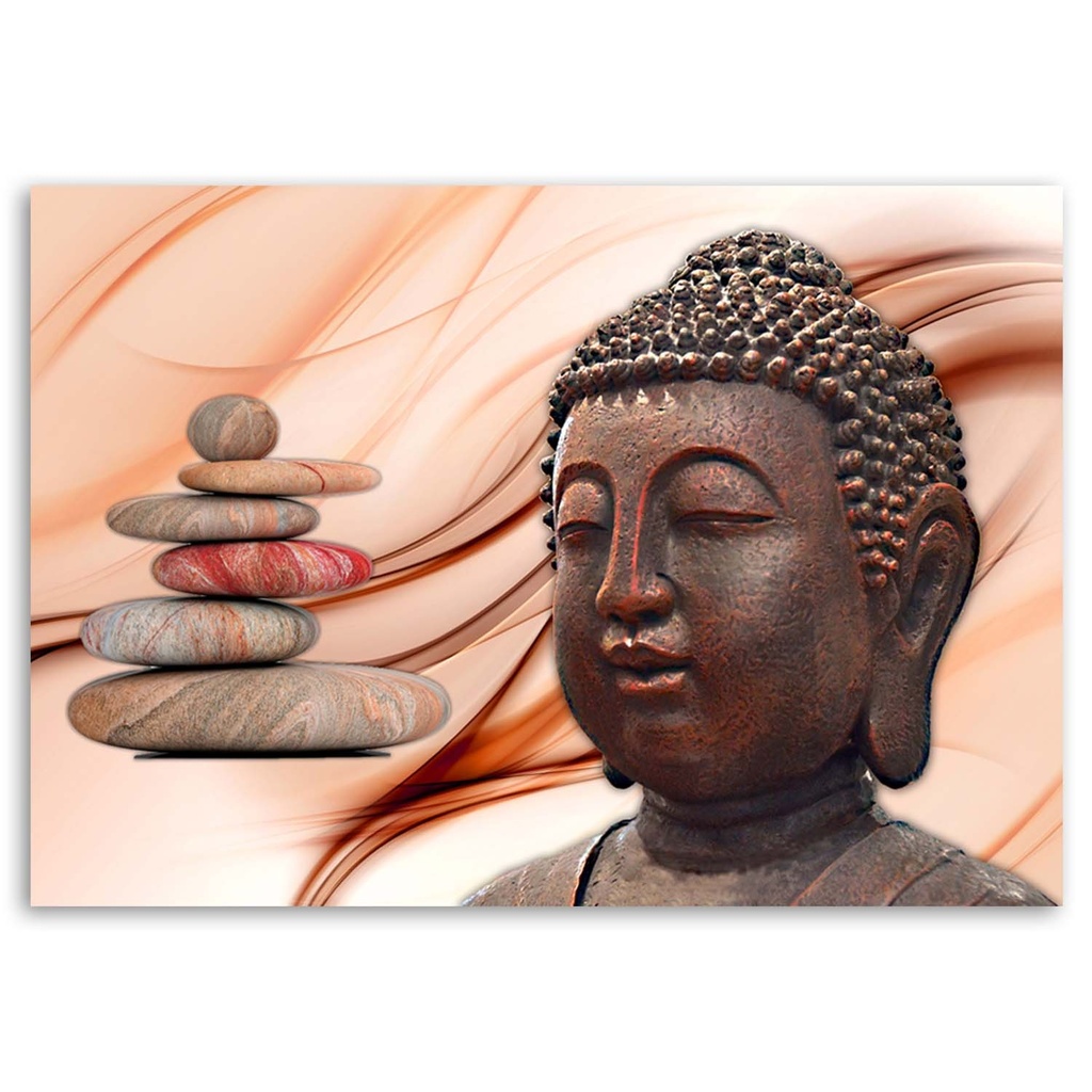 Cadre imprimé sur toile avec image de tête de bouddha sur pierres roses fabriqué en mdf et toile feeby-02