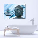 Cadre imprimé sur toile avec image de tête de bouddha sur pierres bleues fabriqué en mdf et toile feeby-01