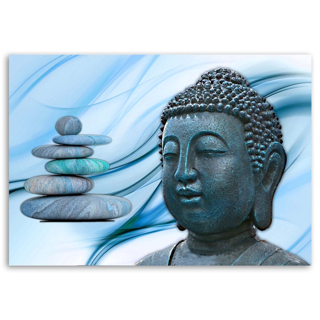 Cadre imprimé sur toile avec image de tête de bouddha sur pierres bleues fabriqué en mdf et toile feeby-02