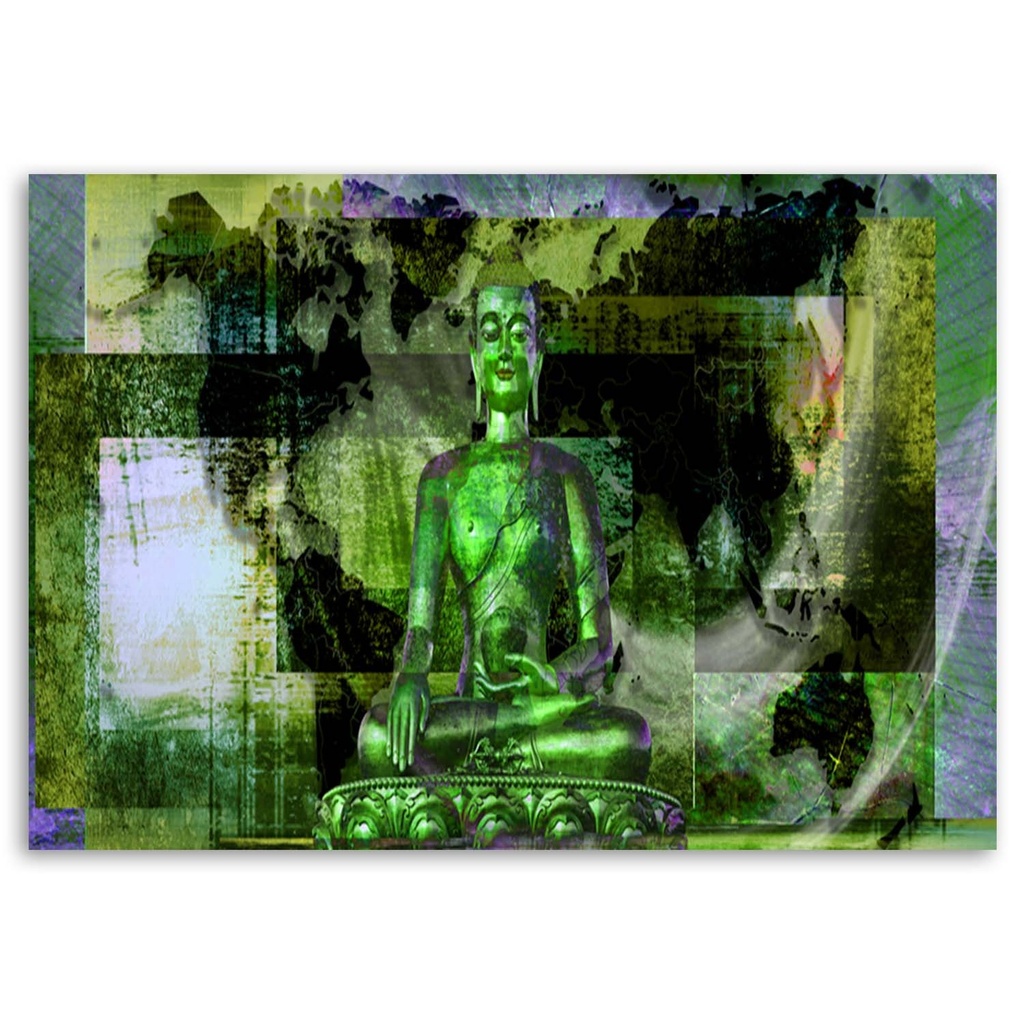 Cadre imprimé sur toile avec image de bouddha sur fond abstrait vert fabriqué en mdf et toile feeby-02