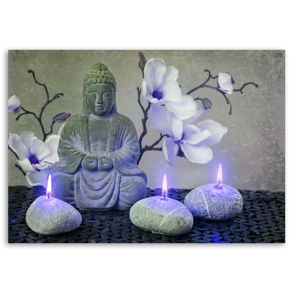 Cadre décoratif en hdf avec image de bouddha entouré de bougies et d'orchidées feeby-02