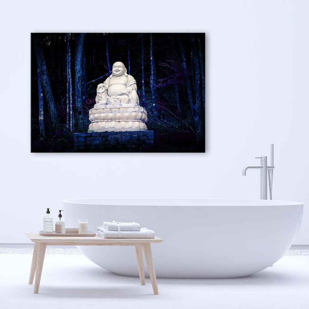 Cadre décoratif en hdf et papier satiné avec image de bouddha dans le bois de couleur bleue feeby-01