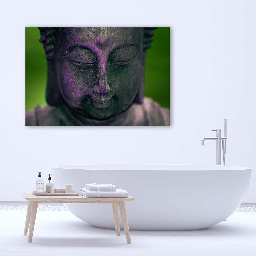 Cadre décoratif en hdf avec image de tête de bouddha et reflets violets feeby-01