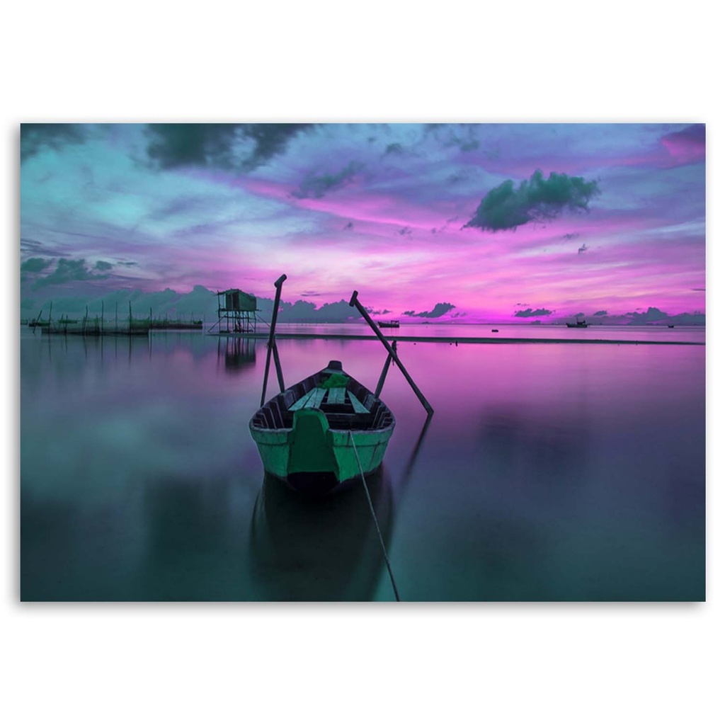 Cadre décoratif en mdf avec image imprimée sur toile d'un bateau sur le lac couleur violette feeby-02