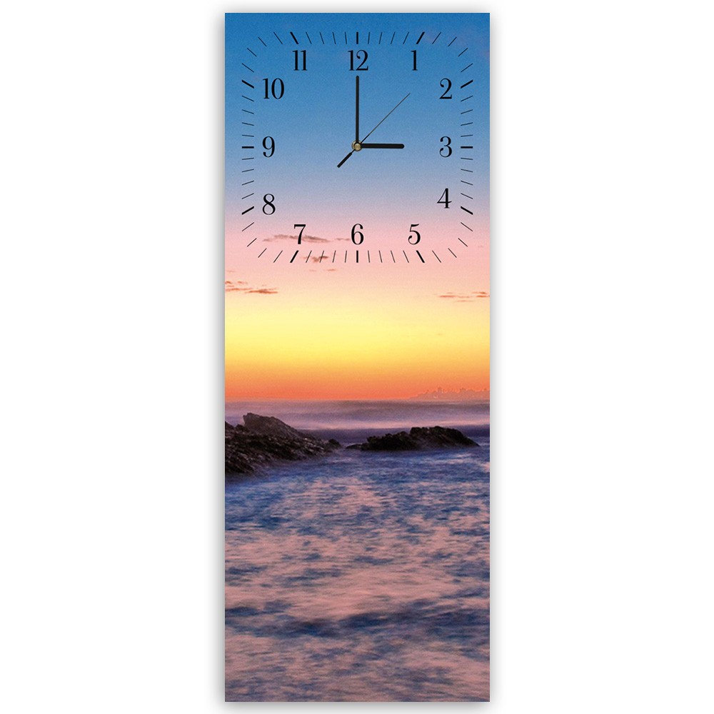 Horloge murale en panneau de fibres de bois classique avec un dessin de roches au coucher du soleil feeby-02