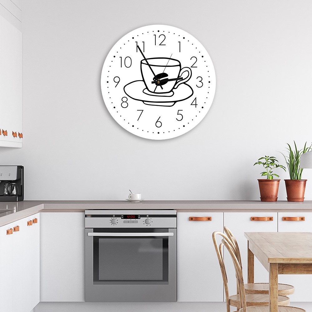 Horloge murale arrondie et analogique avec image décorative tasse de café blanc et noir feeby-01