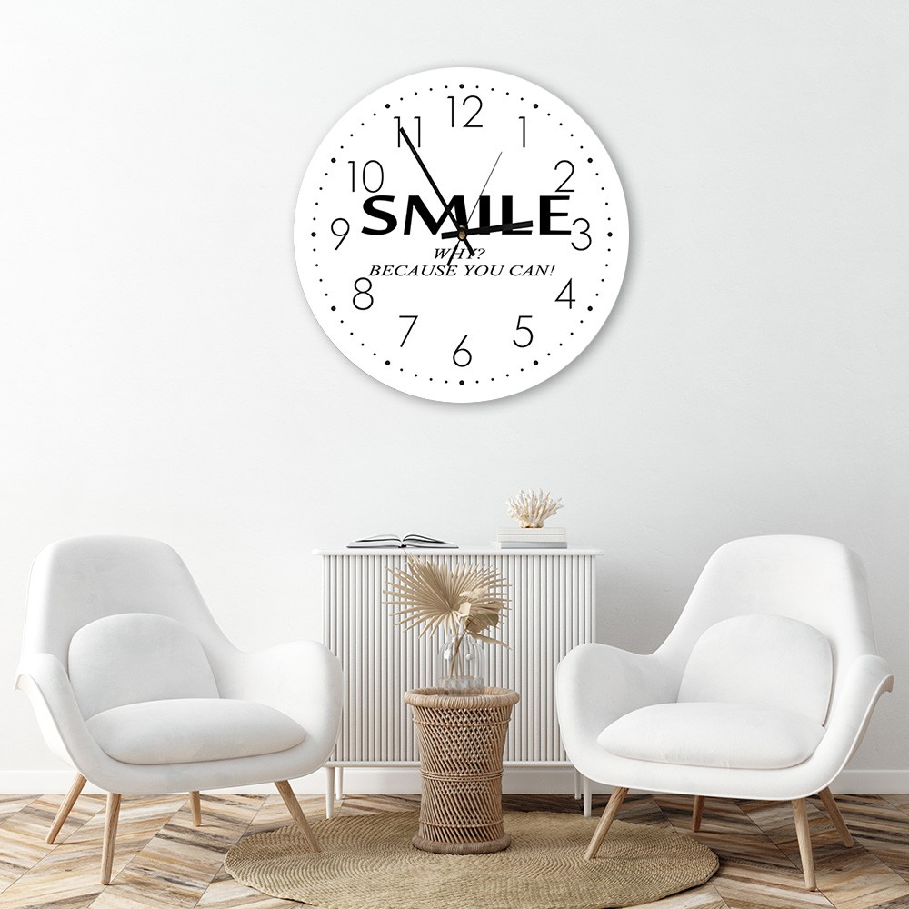 Horloge murale avec dessin smile de couleur blanc et noir fabriqué en hdf et papier satiné feeby-01