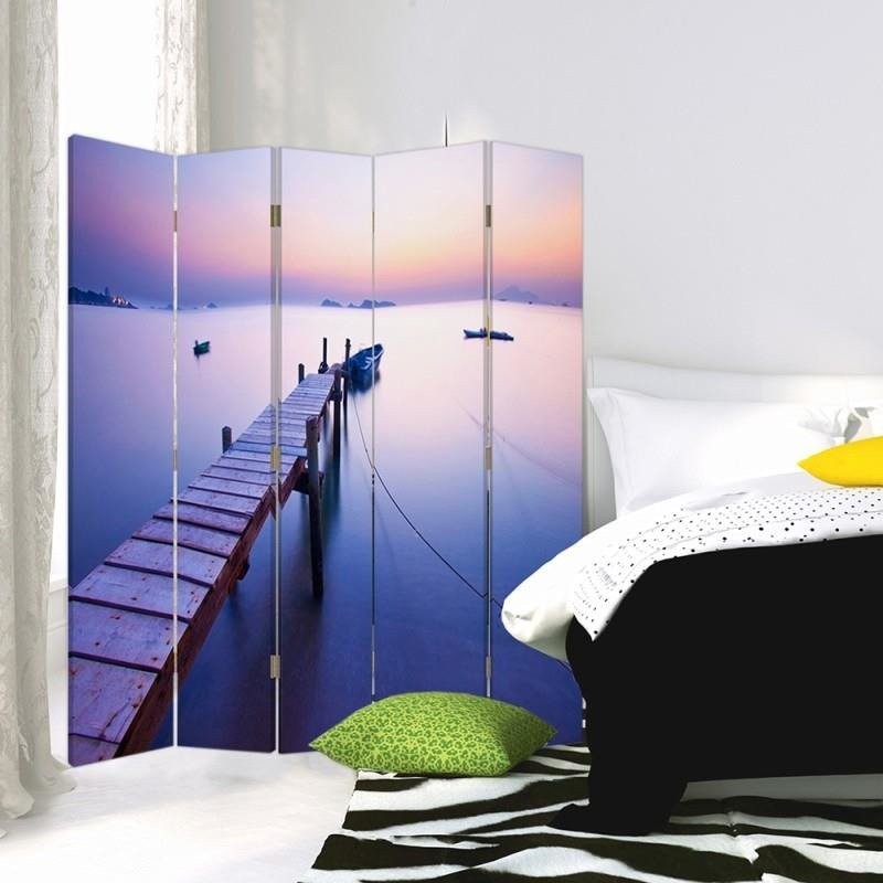 Paravent séparateur d'espaces avec image de lever de soleil sur la côte imprimée sur une toile violette avec cadre en mdf feeby-01