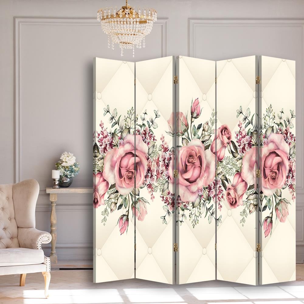 Paravent séparateur d'espaces en toile avec cadre en mdf avec motif floral et finition de couleur rose feeby-01