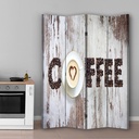 Paravent avec image du mot coffee écrit avec des grains de café fabriqué en mdf et toile feeby-01