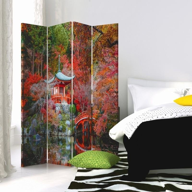 Paravent avec image d'un jardin de style japonais fabriqué en mdf et toile feeby-01