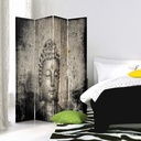 Paravent à deux faces 145 cm fabriqué en mdf et toile avec image de bouddha tons gris feeby-01