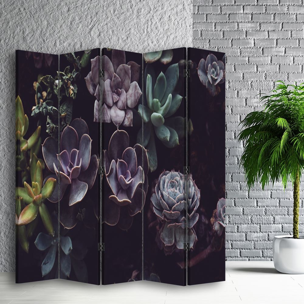 Paravent séparateur d'espaces avec image de succulentes imprimée sur toile finition violette avec cadre en mdf feeby-01