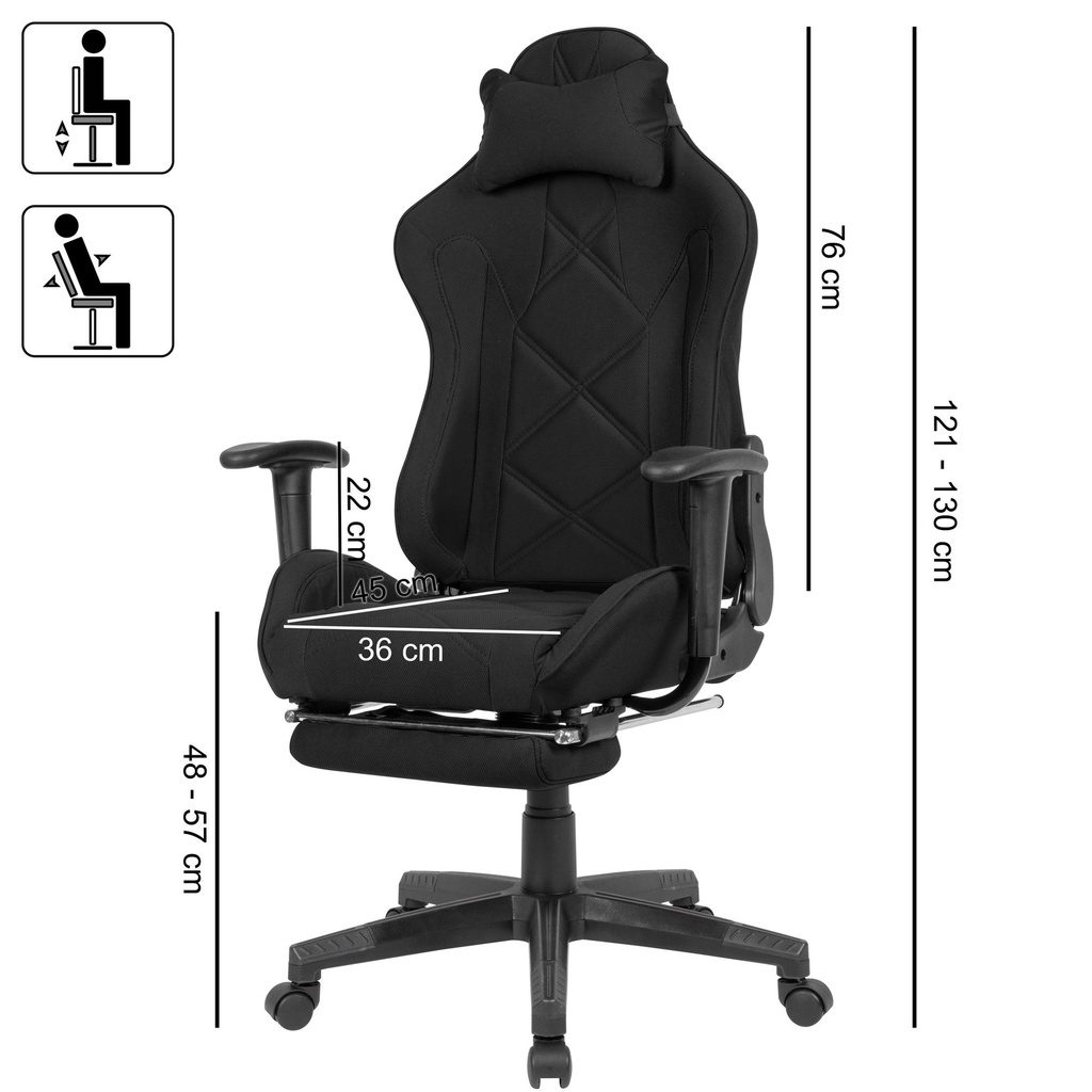 Housse de chaise de bureau gaming en tissu noir jusqu'à 120 kg avec dossier haut et repose-pieds extensible_02