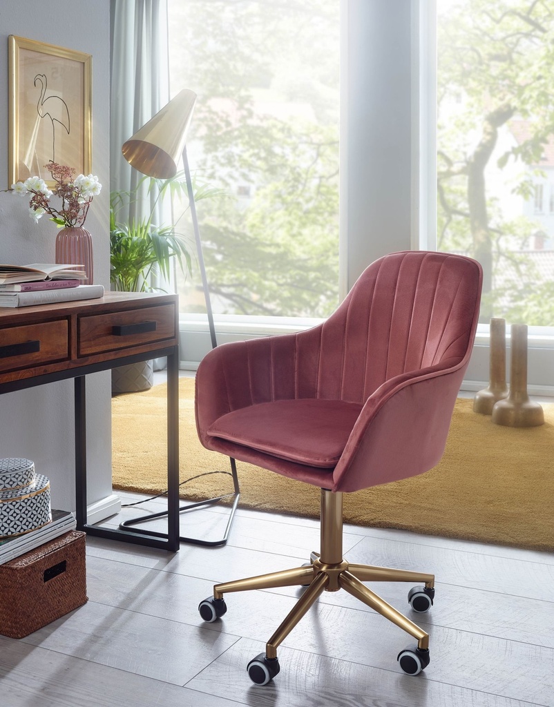 Chaise de bureau velours rose, avec dossier, réglable en hauteur jusqu'à 120 kg, avec roulettes, pivotante_02