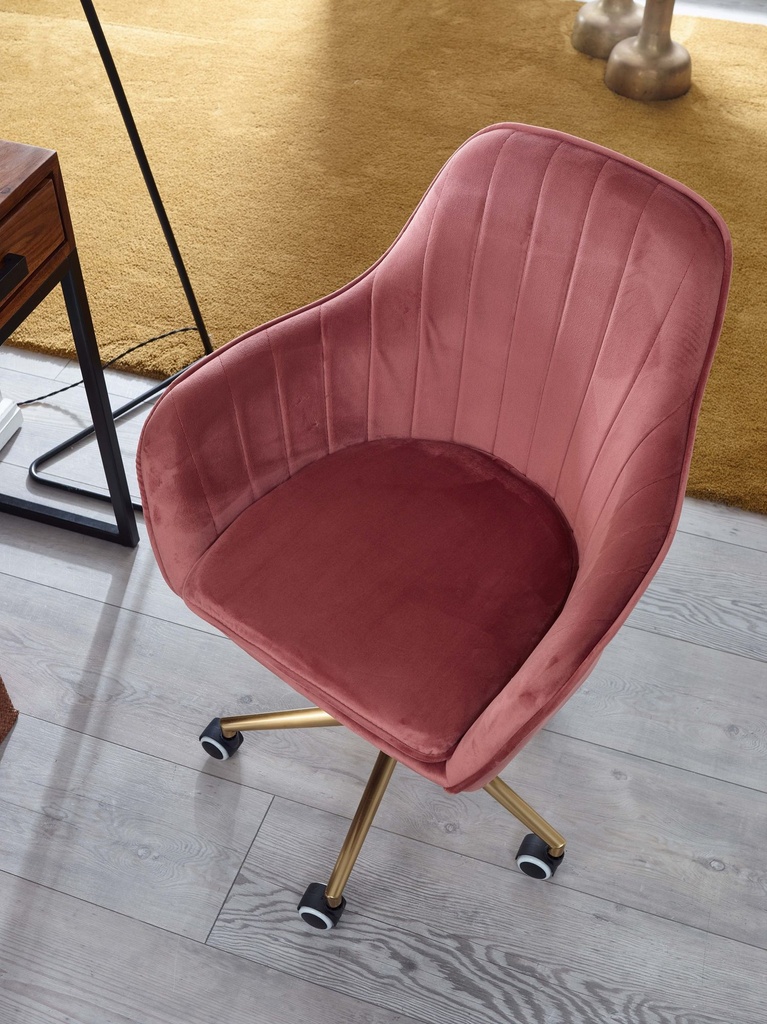 Chaise de bureau velours rose, avec dossier, réglable en hauteur jusqu'à 120 kg, avec roulettes, pivotante_04