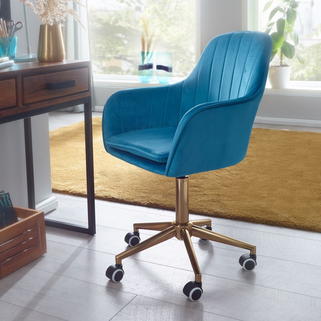 Chaise de bureau velours bleu, avec dossier, réglable en hauteur jusqu'à 120 kg, avec roulettes, rotative_01