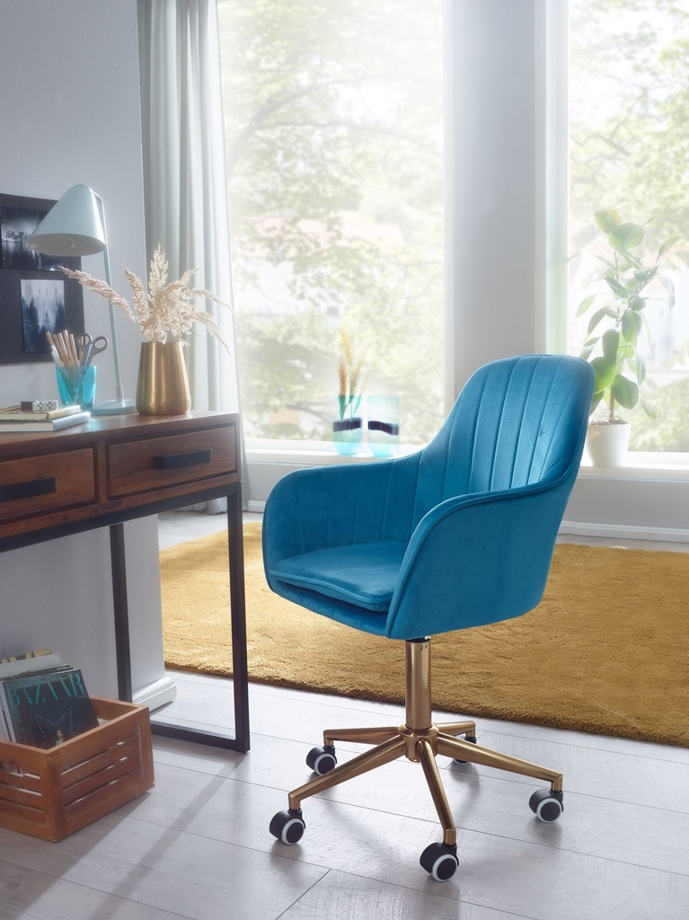 Chaise de bureau velours bleu, avec dossier, réglable en hauteur jusqu'à 120 kg, avec roulettes, rotative_02