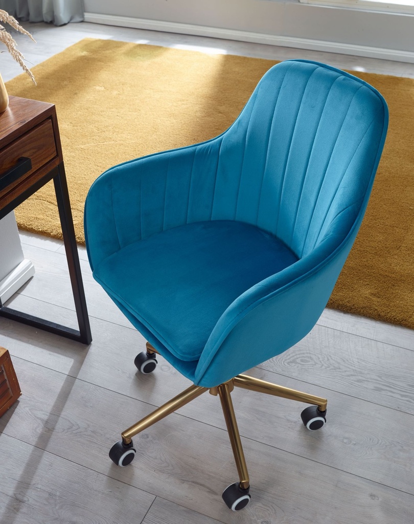 Chaise de bureau velours bleu, avec dossier, réglable en hauteur jusqu'à 120 kg, avec roulettes, rotative_04