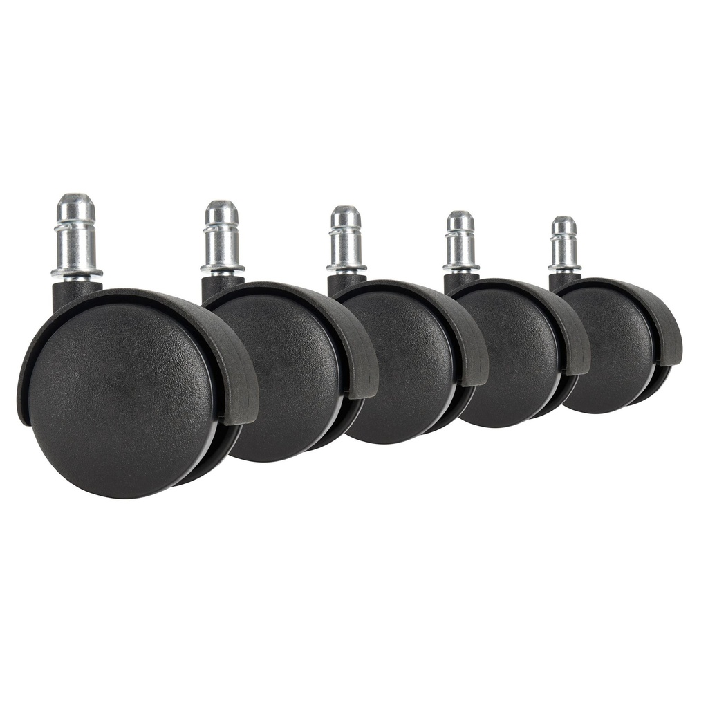 Lot de 5 roulettes pour sols durs à roulement souple pour chaises de bureau axe 11 mm / diamètre 50 mm, noir_01