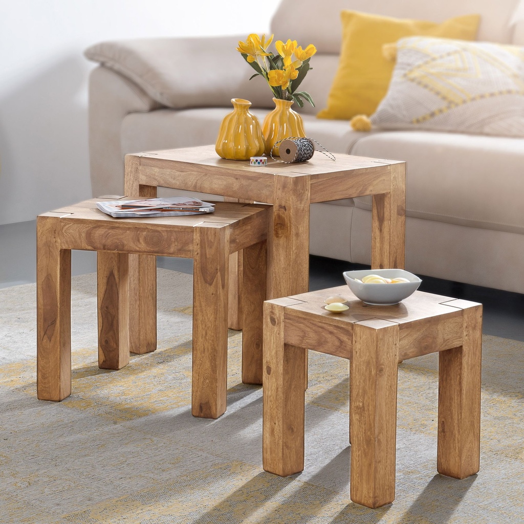 Set de 3 tables gigognes MUMBAI en bois massif d'acacia style maison de campagne bois naturel marron foncé_01