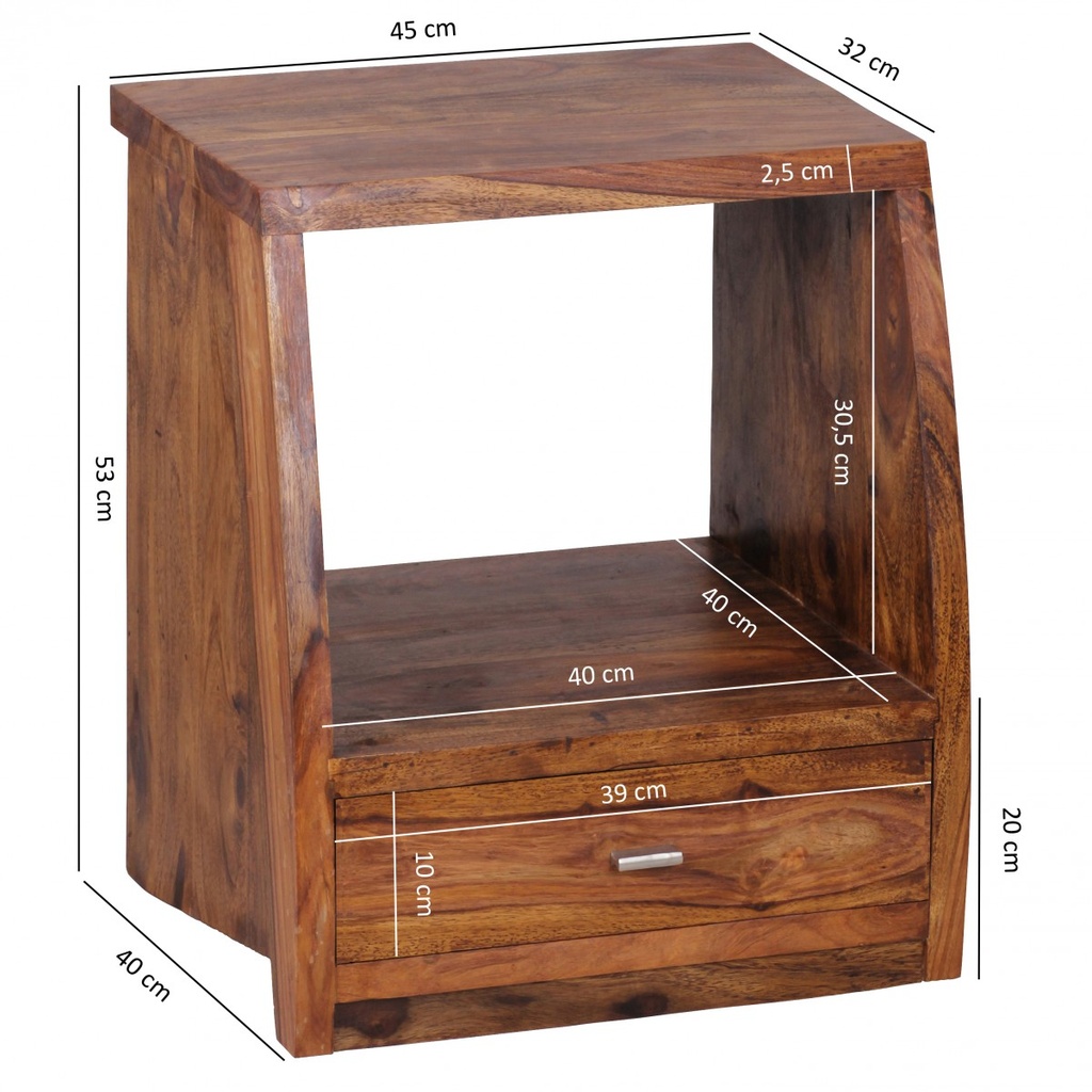 Table de chevet MUMBAI bois de Sesham massif 53 cm 1 étagère à tiroirs, style maison de campagne bois véritable_03