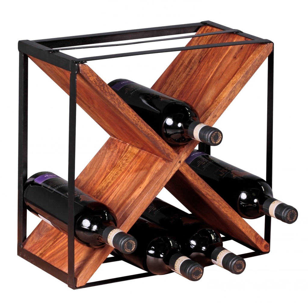 Casier à vin AKOLA en bois massif de Sesham pour environ 16 bouteilles avec structure en métal_02
