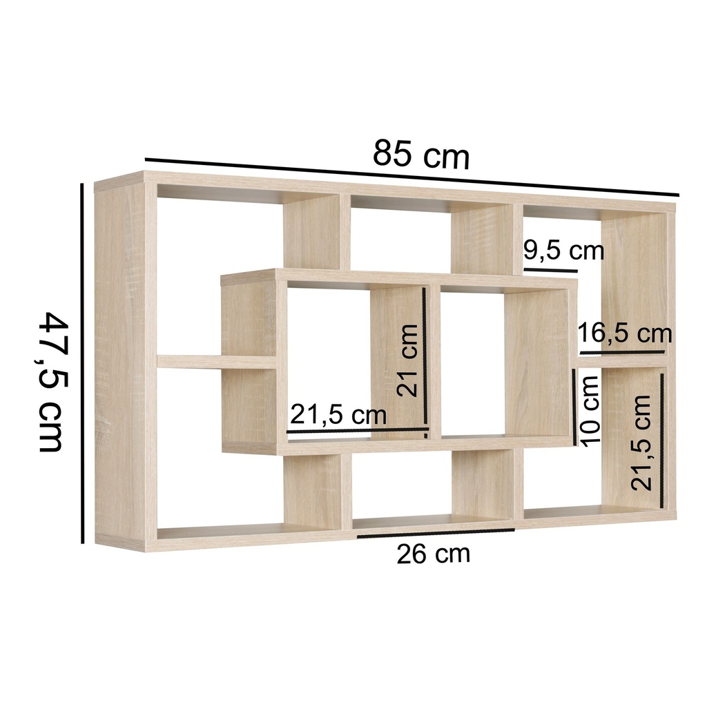 Étagère murale ALEX Sonoma 85 x 47,5 x 16 cm en bois MDF, moderne, flottante, ouverte pour accrocher_02