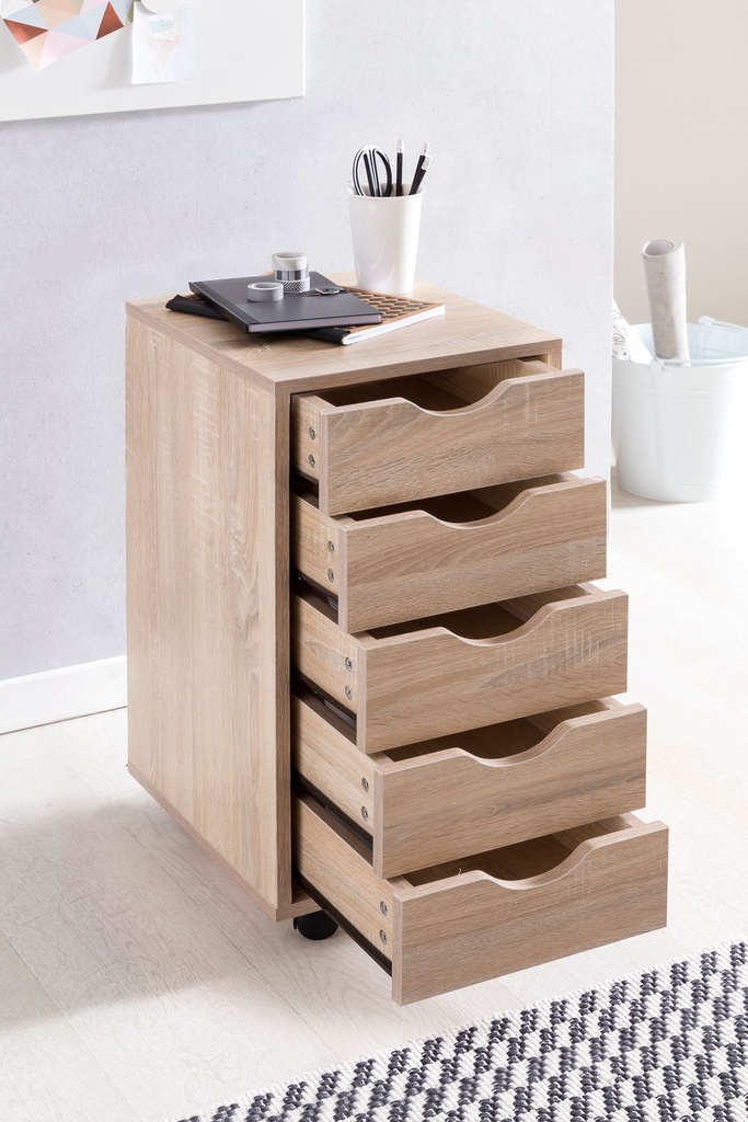 Conteneur mobile MINA 33 x 64 x 38 cm bois MDF 5 tiroirs sonoma, avec roulettes_05