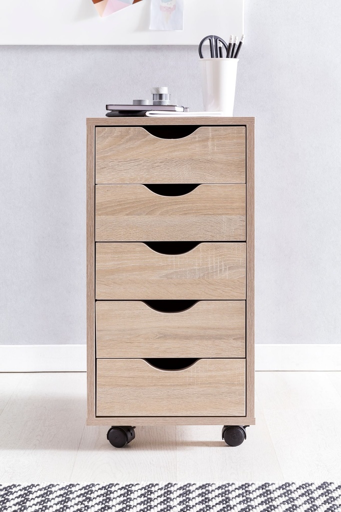 Conteneur mobile MINA 33 x 64 x 38 cm bois MDF 5 tiroirs sonoma, avec roulettes_06