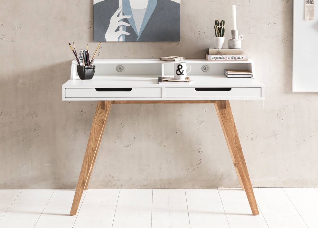 Bureau 110 x 85 x 60 cm Table de travail scandinave en bois MDF blanc mat, table d'ordinateur portable design avec passage de câbles_02