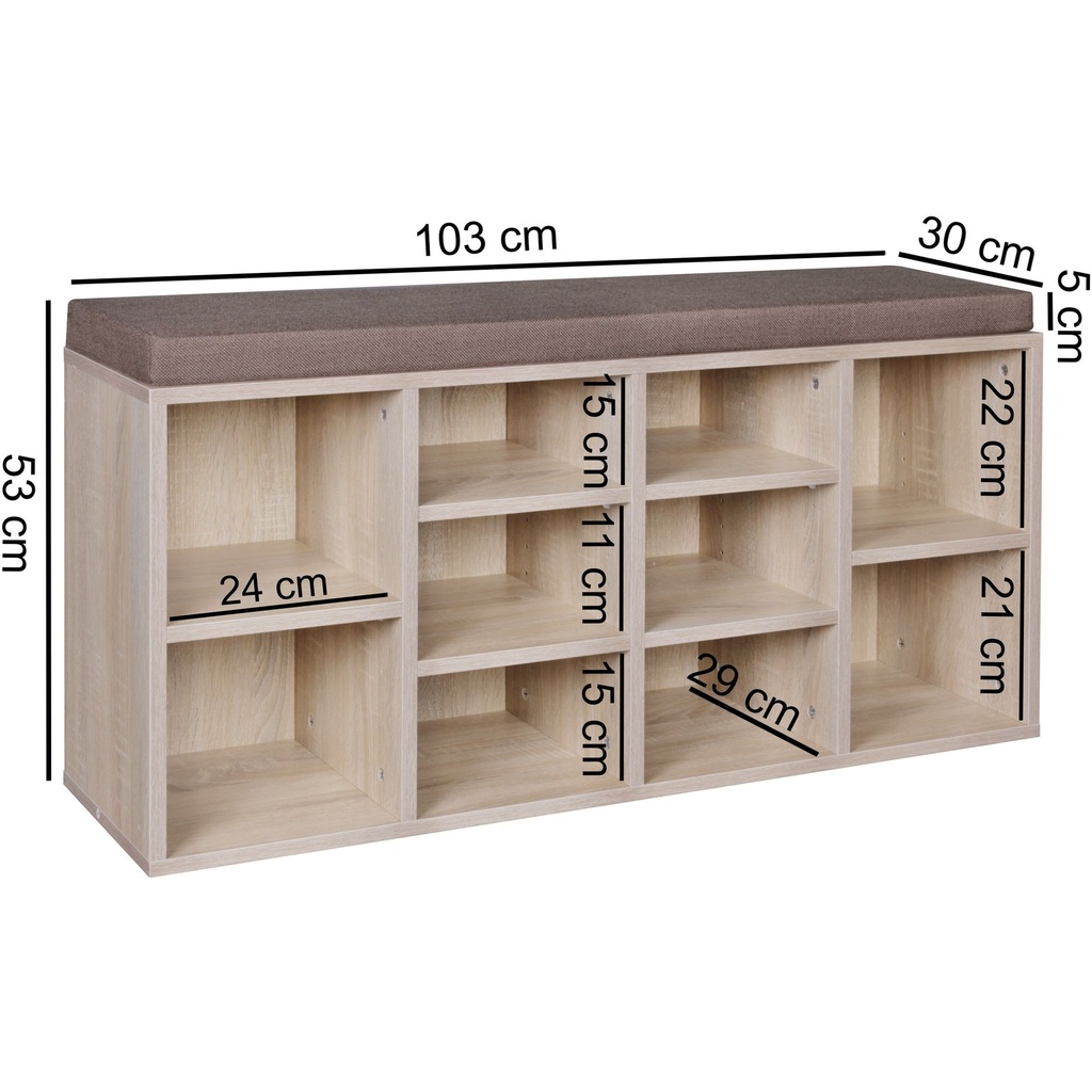 Banc à chaussures avec coussin d'assise LAURA Sonoma 103,5 x 53 x 30 cm, avec étagères et espace de rangement_02