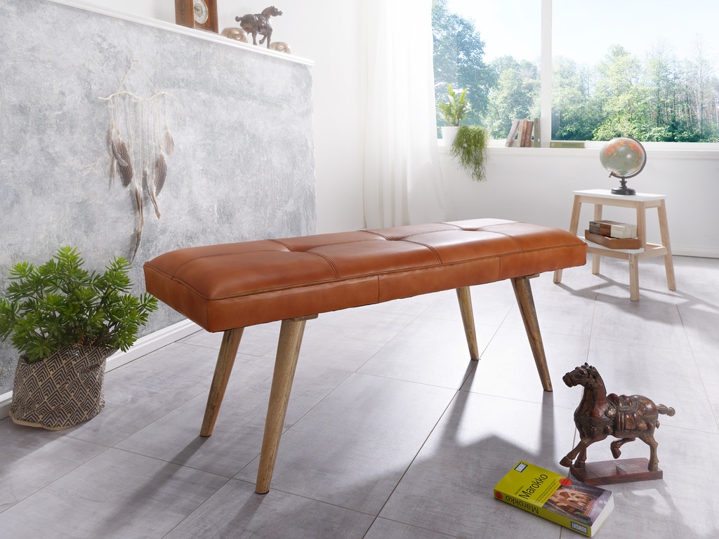 Banc SALIM en cuir de chèvre / banc en bois massif 117x51x38 cm de style rétro_02