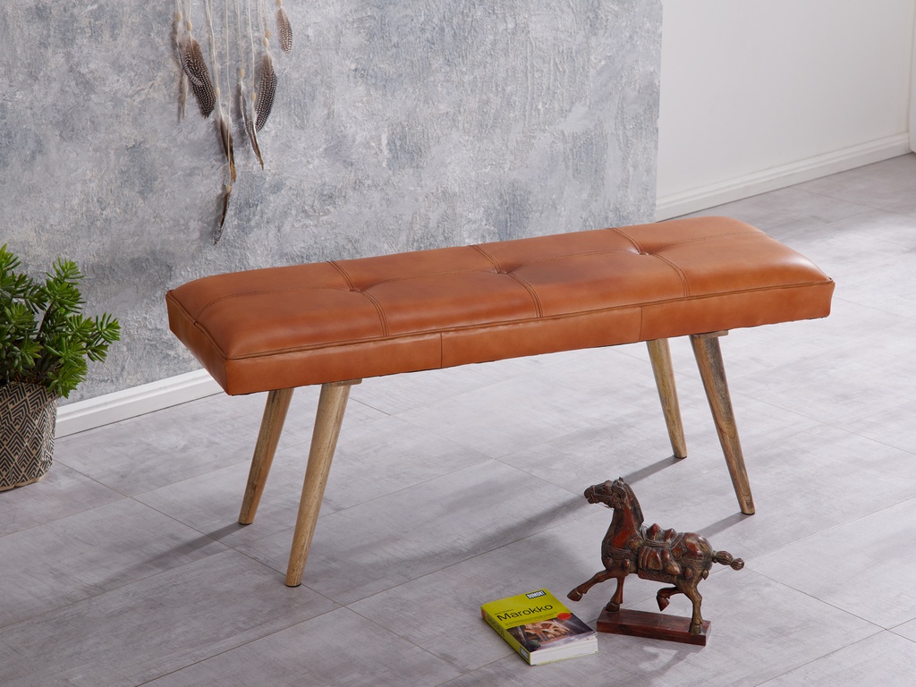 Banc SALIM en cuir de chèvre / banc en bois massif 117x51x38 cm de style rétro_04