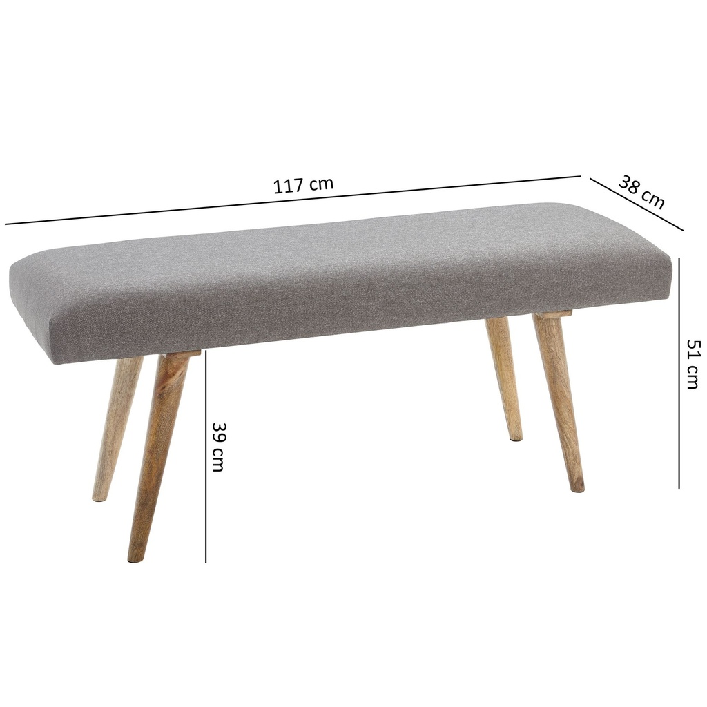 Banc SALIM en tissu / banc en bois massif gris 117x51x38 cm de style rétro_03