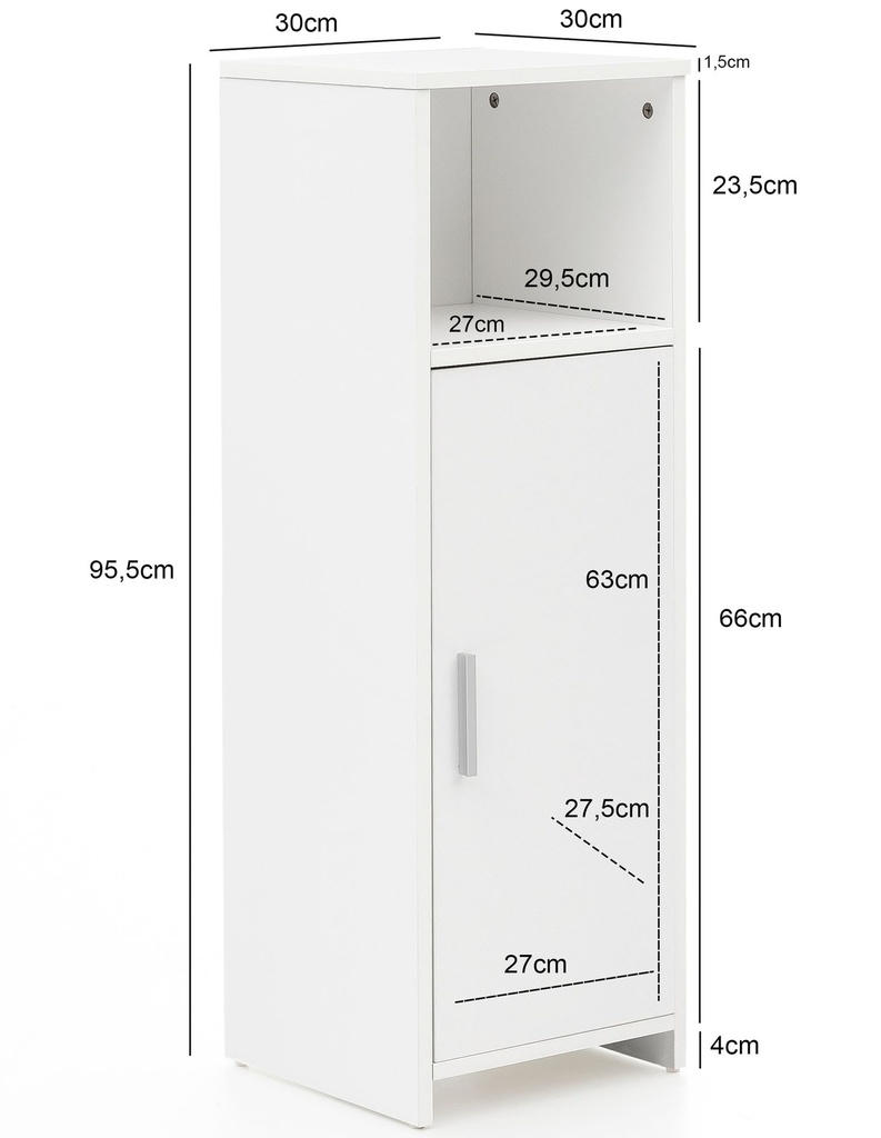 Meuble de salle de bain 30 x 95,5 x 30 cm en bois blanc avec porte et compartiment de rangement_03