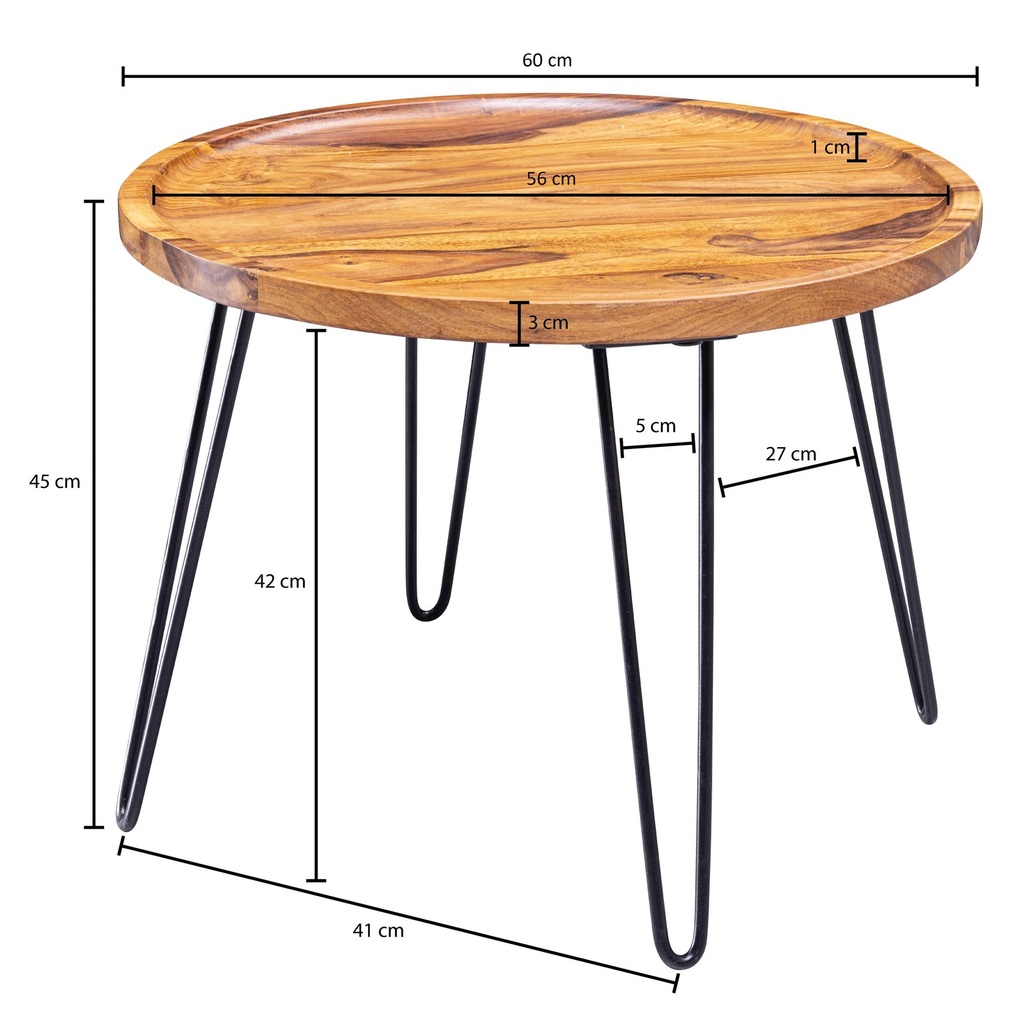 Table basse en bois massif Sheesham 60x45x60 cm, ronde, avec pieds en épingle à cheveux, en bois et métal_03